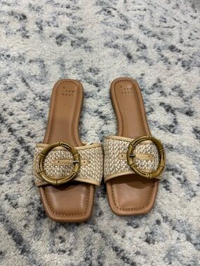 a new day Tan Woven Slide Sandals with Gold Buckle